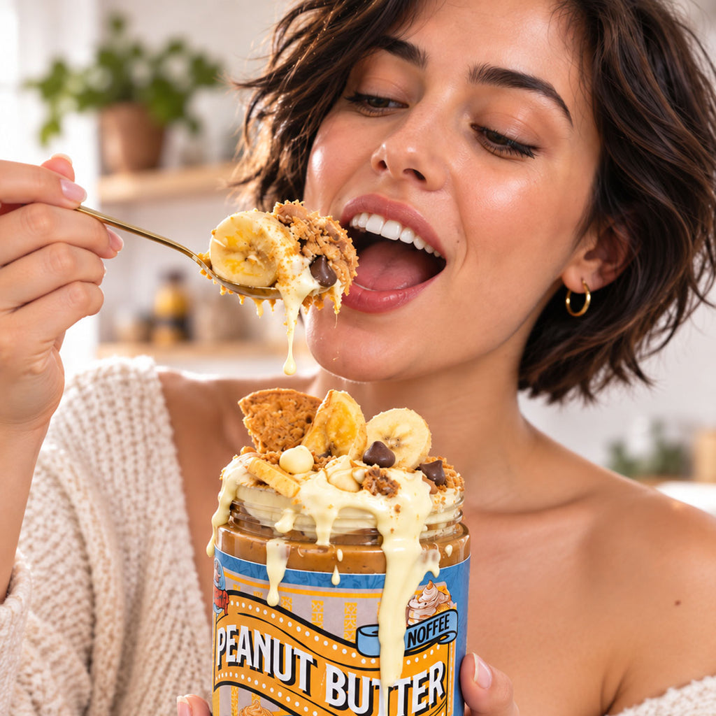 A woman with short dark hair is shown in a bright indoor setting, holding a spoonful of loaded peanut butter with banoffee. The jar is topped with creamy white drizzle, banana slices, and cereal pieces.