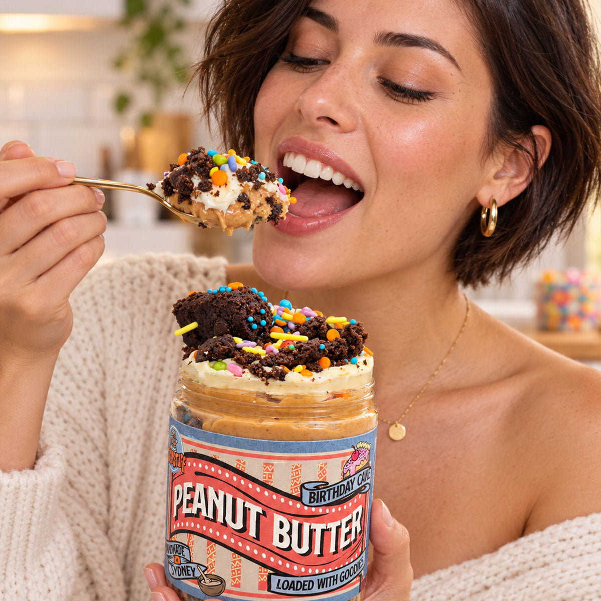 Birthday Cake Loaded Peanut Butter Jar | Brownie & Frosting