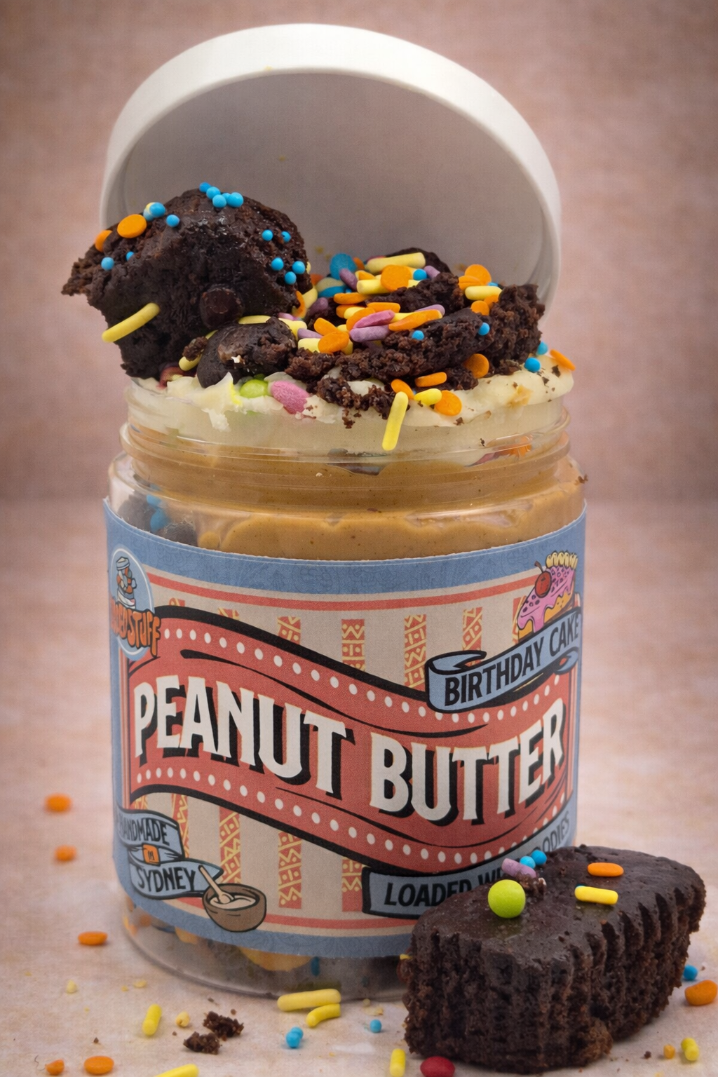 Birthday Cake Loaded Peanut Butter Jar | Brownie & Frosting