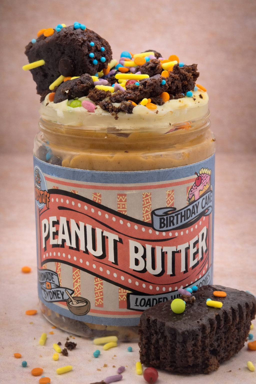Birthday Cake Loaded Peanut Butter Jar | Brownie & Frosting