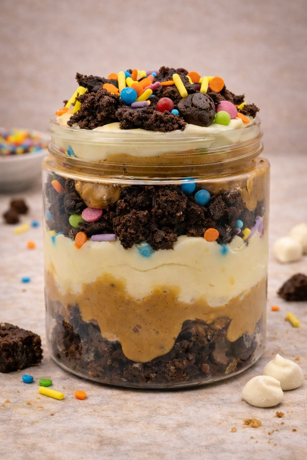 Birthday Cake Loaded Peanut Butter Jar | Brownie & Frosting