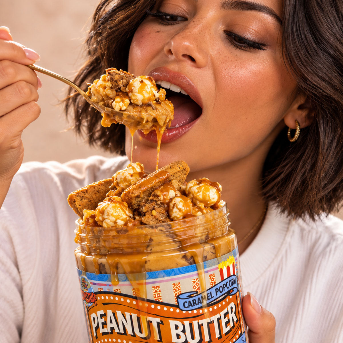 Caramel Popcorn Loaded Peanut Butter Jar | Sweet & Crunchy