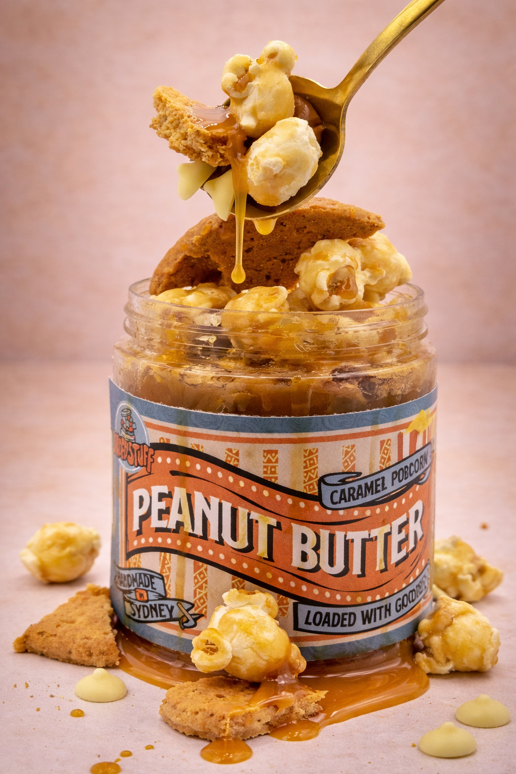 Caramel Popcorn Loaded Peanut Butter Jar | Sweet & Crunchy